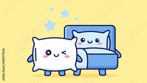 Cute Cartoon Pillow and Bed Characters Winking and Sleeping