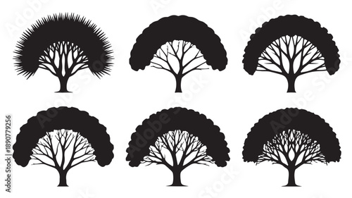 Set of Stylized Tree Silhouettes Graphic Minimalist Black and White Vector Illustration for Botanical Design Elements.