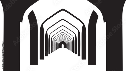 Monochromatic illustration of a long, symmetrical archway tunnel