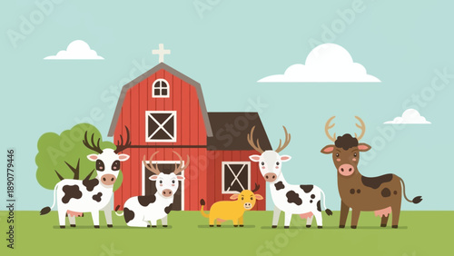 Cute Farm Animals and Red Barn Illustration