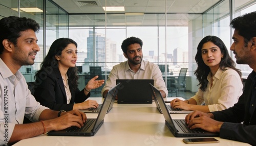 Diverse Indian Corporate Team Discussing Ideas in Modern Office