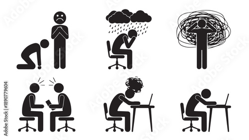 Stick figures depicting various negative human emotions and mental health issues in a minimalist black and white vector illustration for psychological awareness.