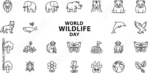 World Wildlife Day Line Icons Set. Collection of Outline Animal, Nature, and Conservation Symbols. Vector Illustration.