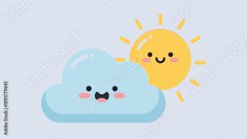 Cute Kawaii Sun and Cloud Characters with Smiling Faces, Weather Icons