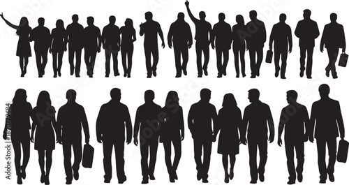 Silhouettes of business people walking in various poses together