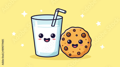 Cute Milk Glass and Cookie Cartoon Characters with Straw on Yellow Background