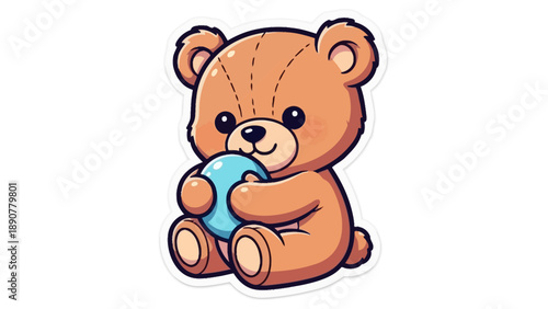 Cute Teddy Bear Holding Blue Ball Sticker, Kawaii Style