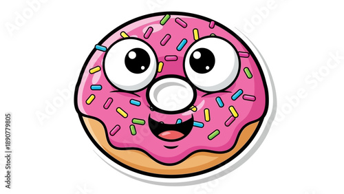 Cute pink donut with a happy face and colorful sprinkles, cartoon style