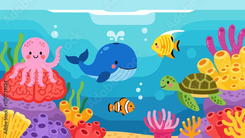 Cute Underwater Sea Life Cartoon Characters - Whale, Octopus, Turtle, Fish