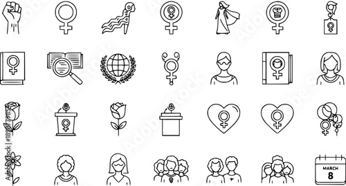 International Women's Day line icons. Feminism, women's rights, and celebration symbols for March 8 event.
