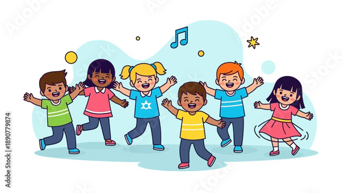 Diverse Children Dancing Happily Together, Celebrating Unity and Joy