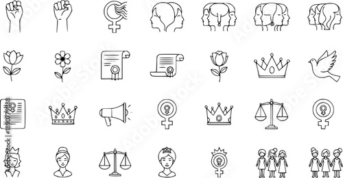 Feminism and Women's Rights Doodle Icon Set. Outline vector collection featuring empowerment, protest, equality symbols, justice, and female signs.