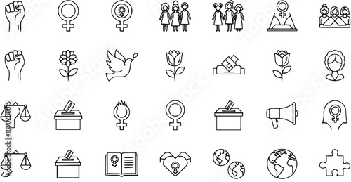 Feminism, Women's Rights, and Empowerment Outline Icon Set