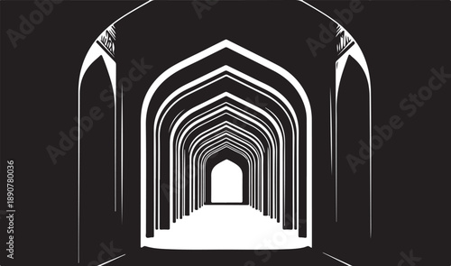 Monochromatic illustration of a long, arched hallway tunnel