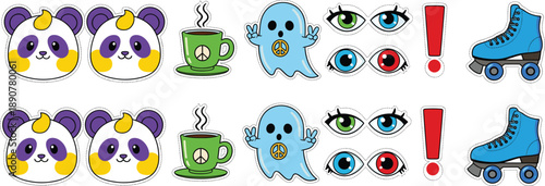 Cute cartoon sticker icon set with panda faces ghost coffee cup eyes exclamation mark and roller skates