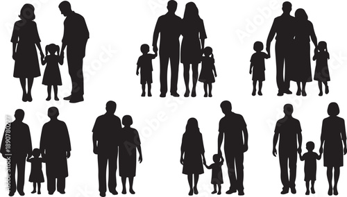 Silhouettes of diverse happy families with children together