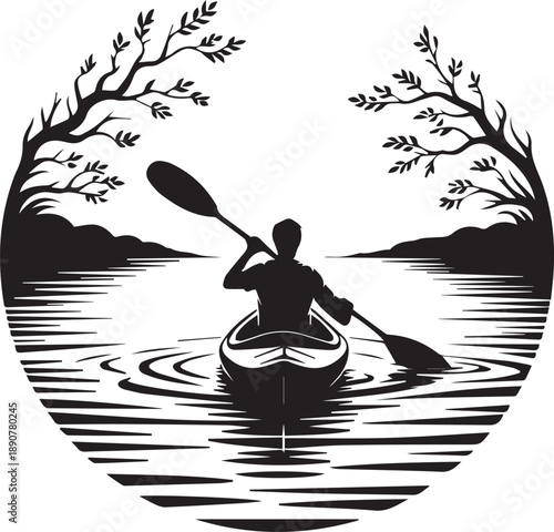 Kayaking Silhouette Vector Set, Canoe and Kayak on Lake with Mountains and Nature Landscapes

