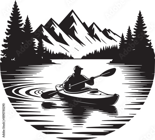 Kayaking Silhouette Vector Set, Canoe and Kayak on Lake with Mountains and Nature Landscapes
