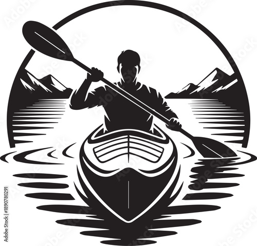 Kayaking Silhouette Vector Set, Canoe and Kayak on Lake with Mountains and Nature Landscapes
