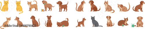 Cute cat and dog characters set with different poses, breeds, and silhouettes in flat vector style