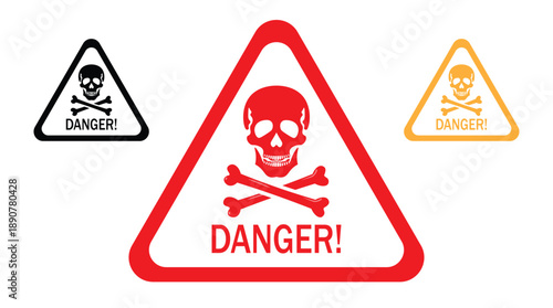 Danger Warning Triangle Signs with Skull and Crossbones Isolated on White Background