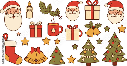 Cute Christmas icon set with Santa gifts candles stars bells stockings and decorated trees in cozy cartoon style