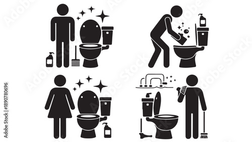 Toilet cleaning and hygiene icons in simple flat design with black and white vector illustration set for public restroom maintenance guidelines.