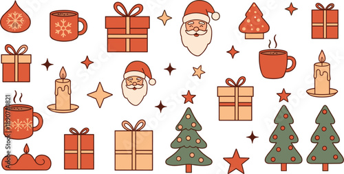 Cute Christmas holiday icon set with Santa gifts candles trees fireplace and cozy winter decorations