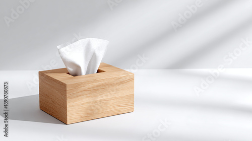 A wooden tissue box on the table, showcasing tissue. Clean, simple, and elegant design, with soft lighting and shadow
