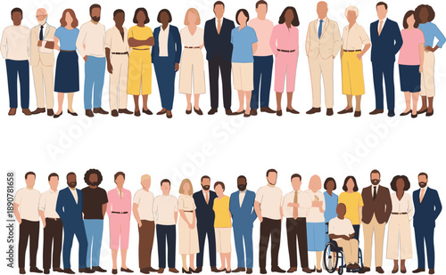 Flat illustration of diverse people group standing together representing teamwork inclusion diversity and modern society