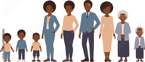 Flat illustration of people aging from childhood to senior age showing family generation and human life stages