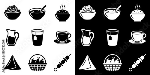 Ramadan Iftar Food Icon Set Vector. Islamic Fasting Meal Collection. Dates, Soup, Rice, Tea, Coffee, Pitcher, Samosa, Fruit Basket, Kebab. Solid Black Glyph Silhouette for Muslim Eid Menu Design.
