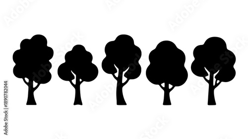 A professional set of classic leafy tree silhouettes with different canopy shapes for garden and park illustrations isolated on transparent background.