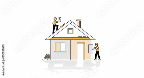 Two construction workers building a house on a white background.