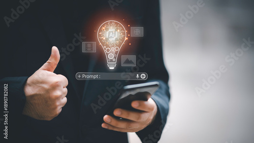 Businessman holding a glowing AI light bulb with digital prompt interface, generative AI ,symbolizing artificial intelligence innovation, prompt engineering,and creative technology solutions.