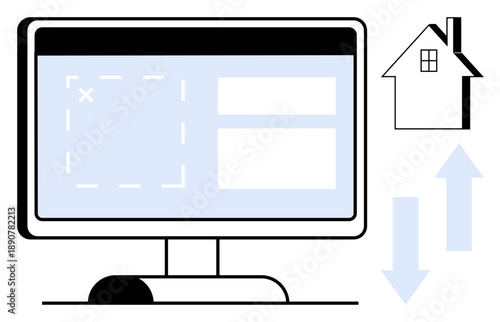 Real estate, online platforms, data transfer, home management, technology, workflow optimization. Monitor displaying interface with a house and arrows. Real estate and online platforms concept