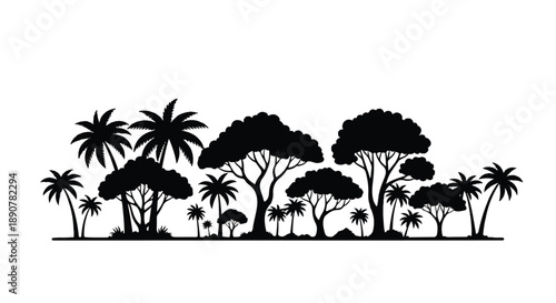 Tropical trees and plants silhouetted against a clear horizon viewed from a distance in a serene landscape illustration