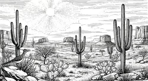Desert landscape with cacti and rock formations under a cloudy sky