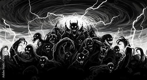 grunge style horror animation showing a storm of twisted monsters moving violently on black and white canvas expressive brush strokes disturbing cinematic motion full hd high resolution
