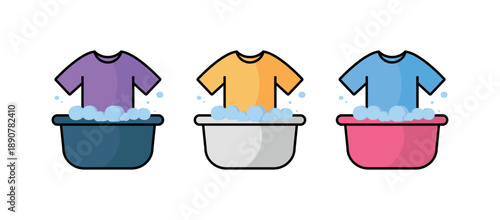 Hand Washing Clothes in Soapy Water Illustration, Vector Washing Clothes Icons
