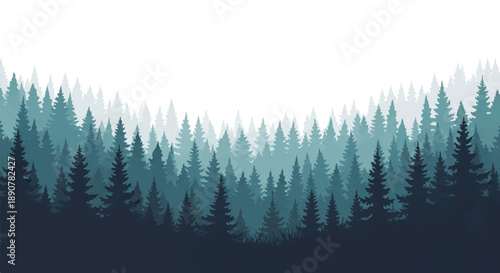 A serene forest landscape with trees silhouetted against a gradient sky viewed from a distance.