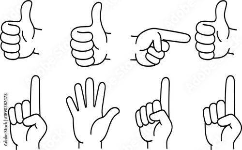 Hand gesture icon set with thumbs up pointing and counting signs in simple outline cartoon vector style
