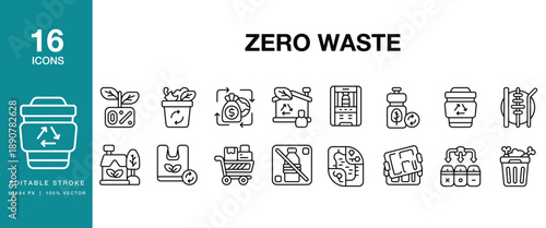 Zero Waste icon set. Includes zero, waste, recycle, reuse, reduce, repair, refill and More. Editable Stroke Icon Collection.