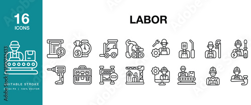Labor icon set. Includes work, worker, employee, employment, union, wage and More. Editable Stroke Icon Collection.