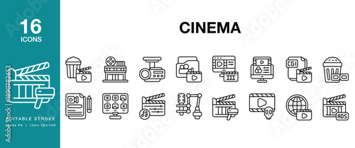 Cinema icon set. Includes cinema, movie, film, theater, screen, projector and More. Editable Stroke Icon Collection.