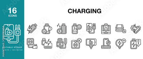 Charging icon set. Includes charging, battery, power, energy, electric, electricity and More. Editable Stroke Icon Collection.
