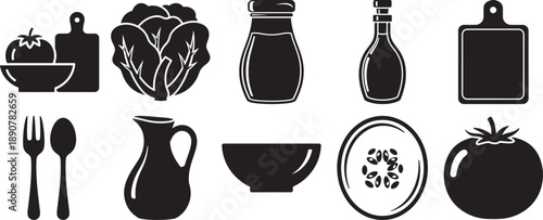 Kitchen utensil and fresh ingredient silhouettes for cooking and healthy eating Vector