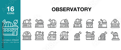 Observatory icon set. Includes observatory, telescope, astronomy, stargazing, space and More. Editable Stroke Icon Collection.