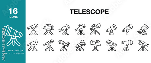 Telescope icon set. Includes telescope, astronomy, stargazing, space, stars and More. Editable Stroke Icon Collection.