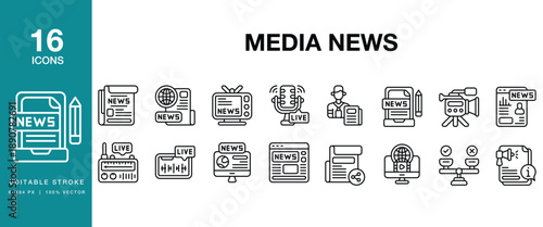 Media News icon set. Includes media, news, journalism, press, report, headline and More. Editable Stroke Icon Collection.